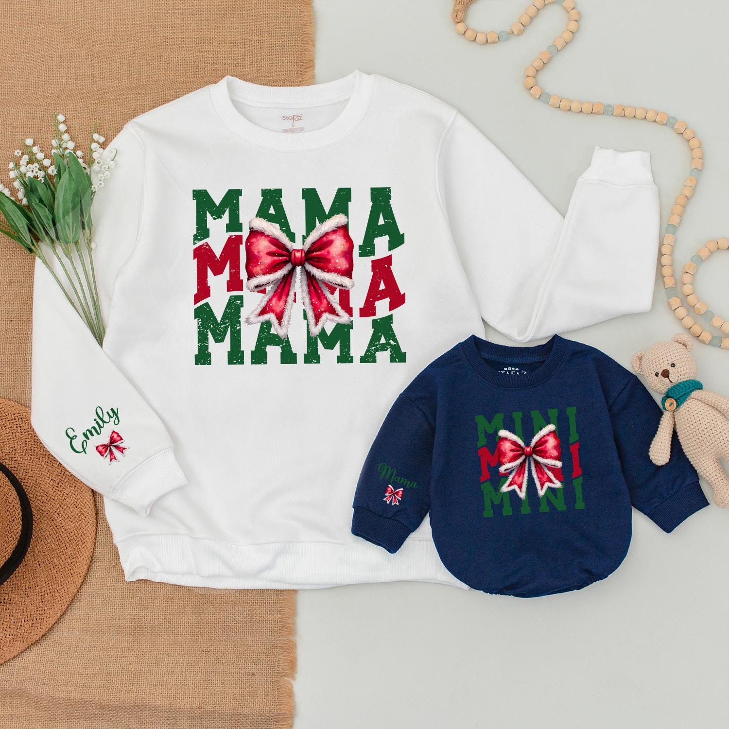 Matching Mama & Mini Christmas Sweaters, Baby Bodysuit Gift Set