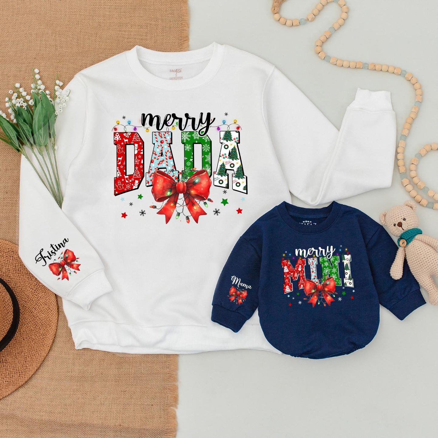 Matching Dad & Son Christmas Sweaters, Baby Bodysuit & Romper Set