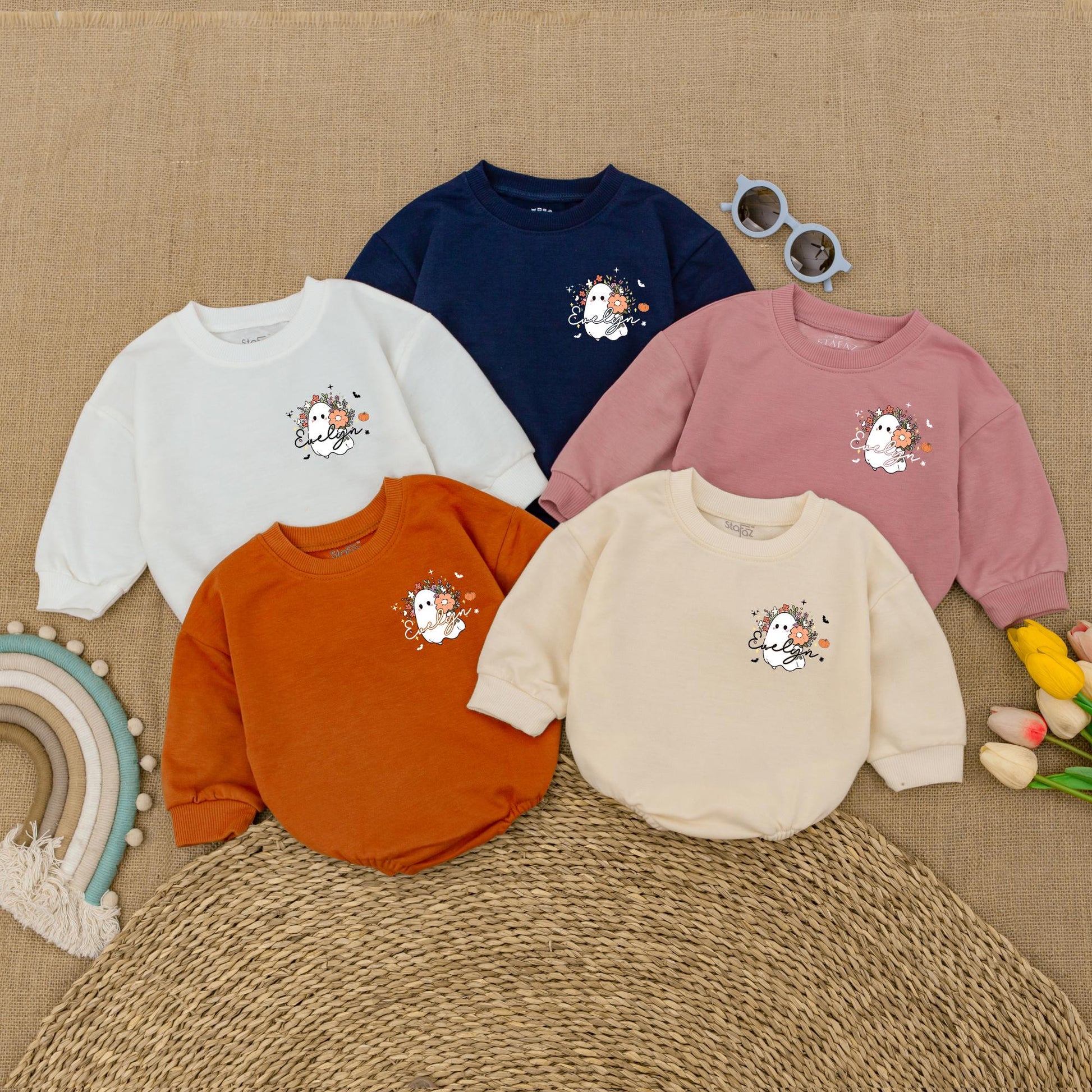 Personalized My First Halloween Romper Set, Evelyn's Spooky Debut, Ghost & Pumpkins Baby Outfit, Fall Bodysuit, Custom Spooky Season Baby Shower Gift