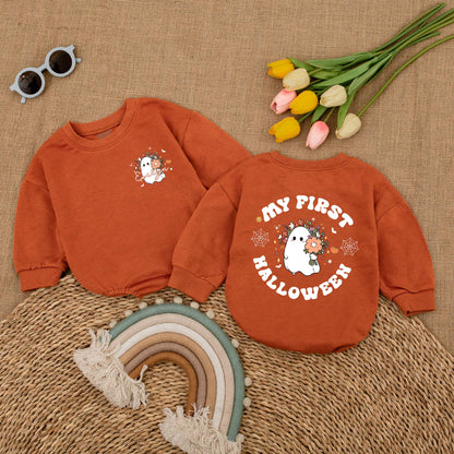 Personalized My First Halloween Romper Set, Evelyn's Spooky Debut, Ghost & Pumpkins Baby Outfit, Fall Bodysuit, Custom Spooky Season Baby Shower Gift
