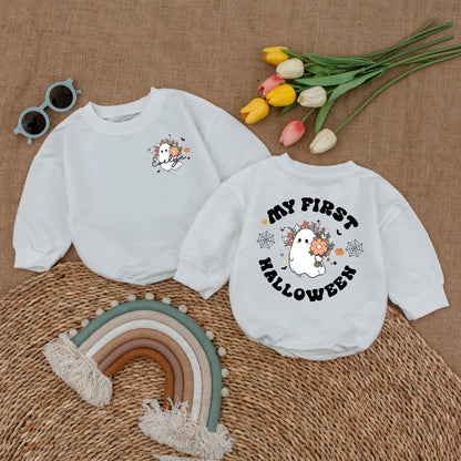 Personalized My First Halloween Romper Set, Evelyn's Spooky Debut, Ghost & Pumpkins Baby Outfit, Fall Bodysuit, Custom Spooky Season Baby Shower Gift