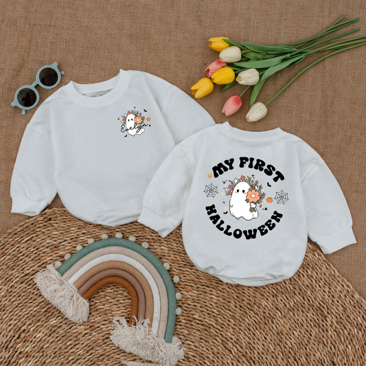 Personalized My First Halloween Romper Set, Evelyn's Spooky Debut, Ghost & Pumpkins Baby Outfit, Fall Bodysuit, Custom Spooky Season Baby Shower Gift