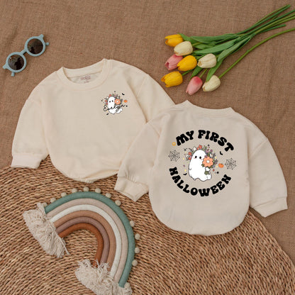 Personalized My First Halloween Romper Set, Evelyn's Spooky Debut, Ghost & Pumpkins Baby Outfit, Fall Bodysuit, Custom Spooky Season Baby Shower Gift