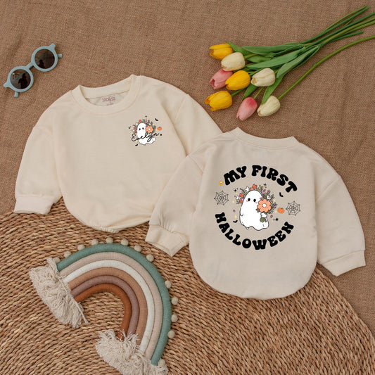 Personalized My First Halloween Romper Set, Evelyn's Spooky Debut, Ghost & Pumpkins Baby Outfit, Fall Bodysuit, Custom Spooky Season Baby Shower Gift
