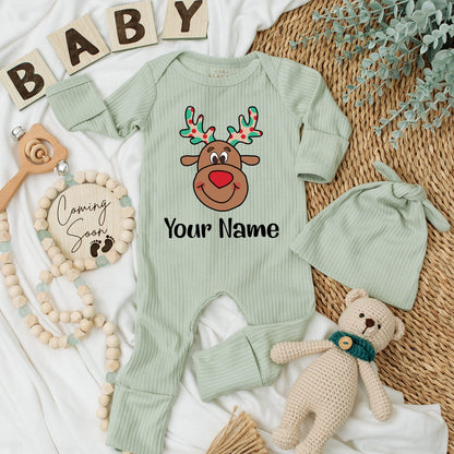 Personalized Baby Reindeer Name Christmas Romper Soft Long Sleeve Newborn Outfit Festive Cartoon Red Nose Antlers Polka Dot Boy Girl Gift