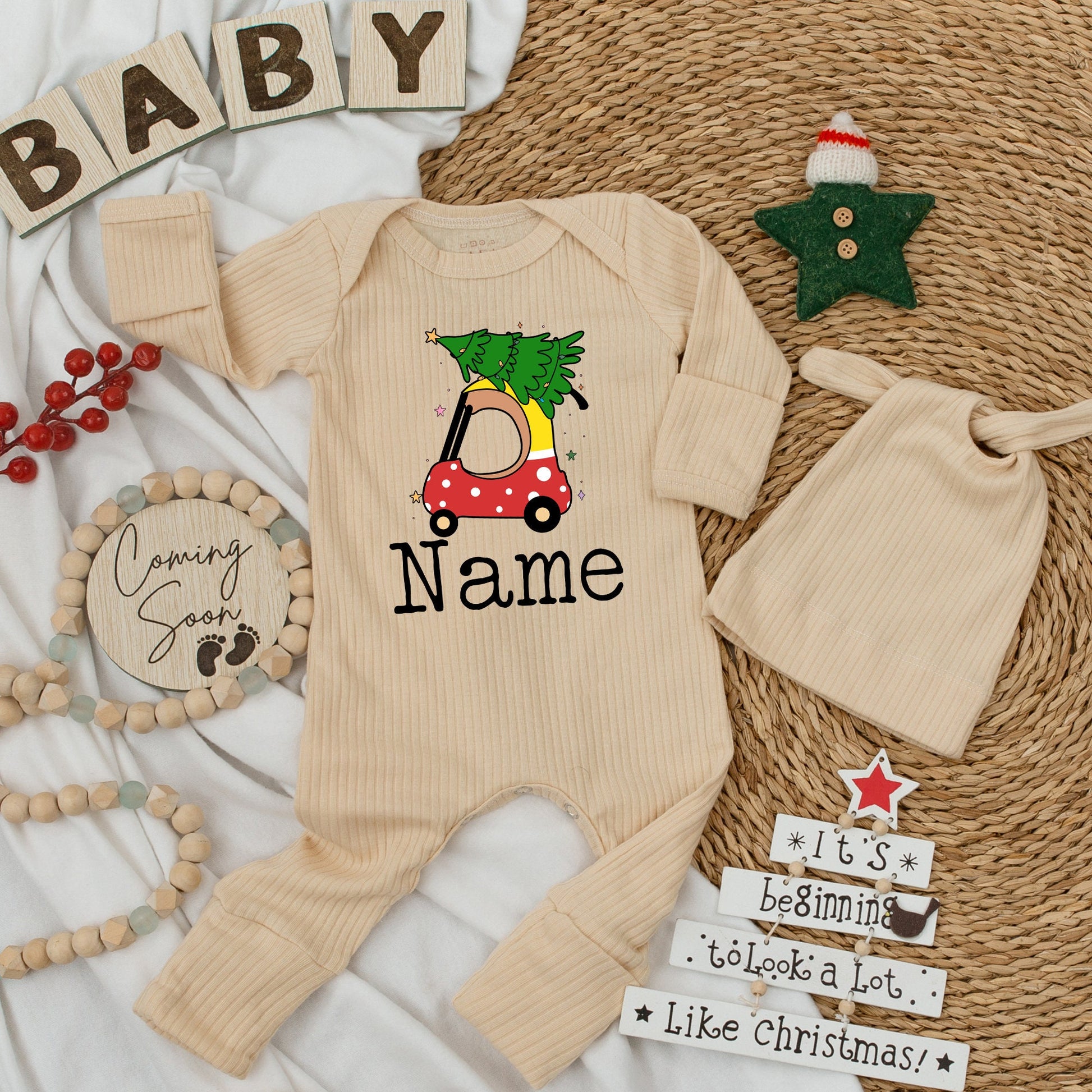 Personalized Christmas Car Baby Bodysuit Set, Red Polka Dot Holiday Romper, Custom Name First Xmas Outfit, Infant Boy Girl Clothes, Shower Gift 136 chars