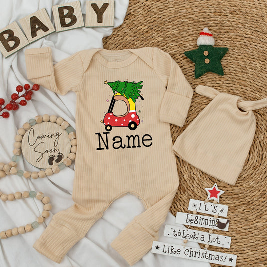 Personalized Christmas Car Baby Bodysuit Set, Red Polka Dot Holiday Romper, Custom Name First Xmas Outfit, Infant Boy Girl Clothes, Shower Gift 136 chars