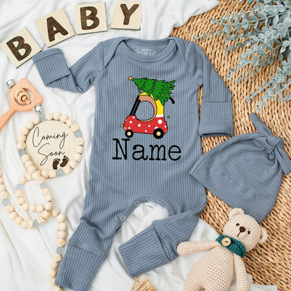 Personalized Christmas Car Baby Bodysuit Set, Red Polka Dot Holiday Romper, Custom Name First Xmas Outfit, Infant Boy Girl Clothes, Shower Gift 136 chars