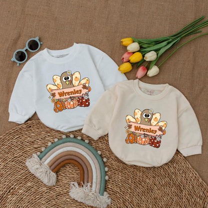 Pumpkin Turkey Baby Romper: First Thanksgiving Girl Bodysuit  