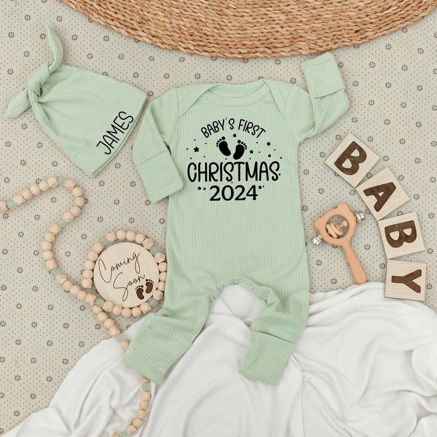 Baby's First Christmas 2024 Romper - Sweet Newborn Outfit with Footprints & Stars, Soft Holiday Going Home Gift for Baby Boys or Girls (138 chars)