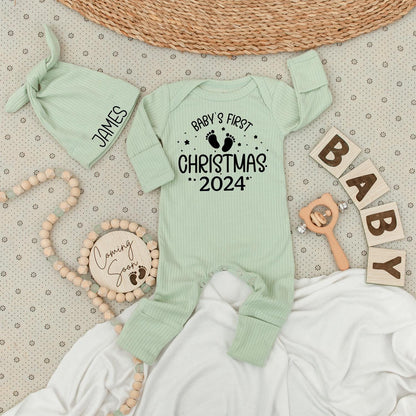 Baby's First Christmas 2024 Romper - Sweet Newborn Outfit with Footprints & Stars, Soft Holiday Going Home Gift for Baby Boys or Girls (138 chars)