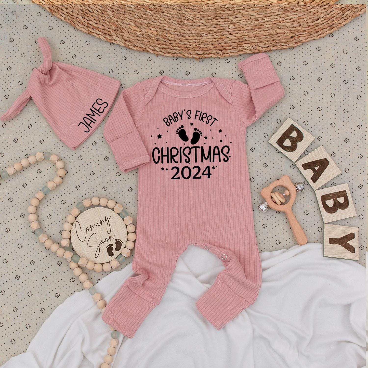 Baby's First Christmas 2024 Romper - Sweet Newborn Outfit with Footprints & Stars, Soft Holiday Going Home Gift for Baby Boys or Girls (138 chars)
