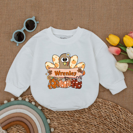 Pumpkin Turkey Baby Romper: First Thanksgiving Girl Bodysuit  