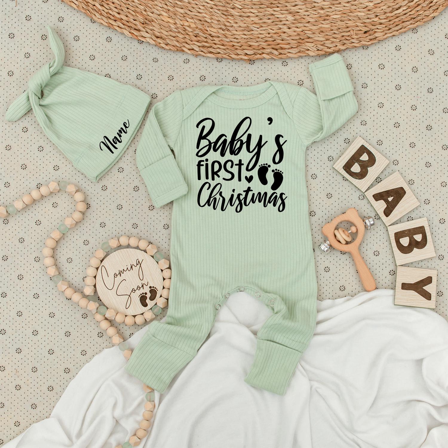 Baby's First Christmas Romper - Soft Newborn Going Home Outfit with Minimalist Footprints, Modern Holiday Bodysuit, Unisex Christmas Gift 138