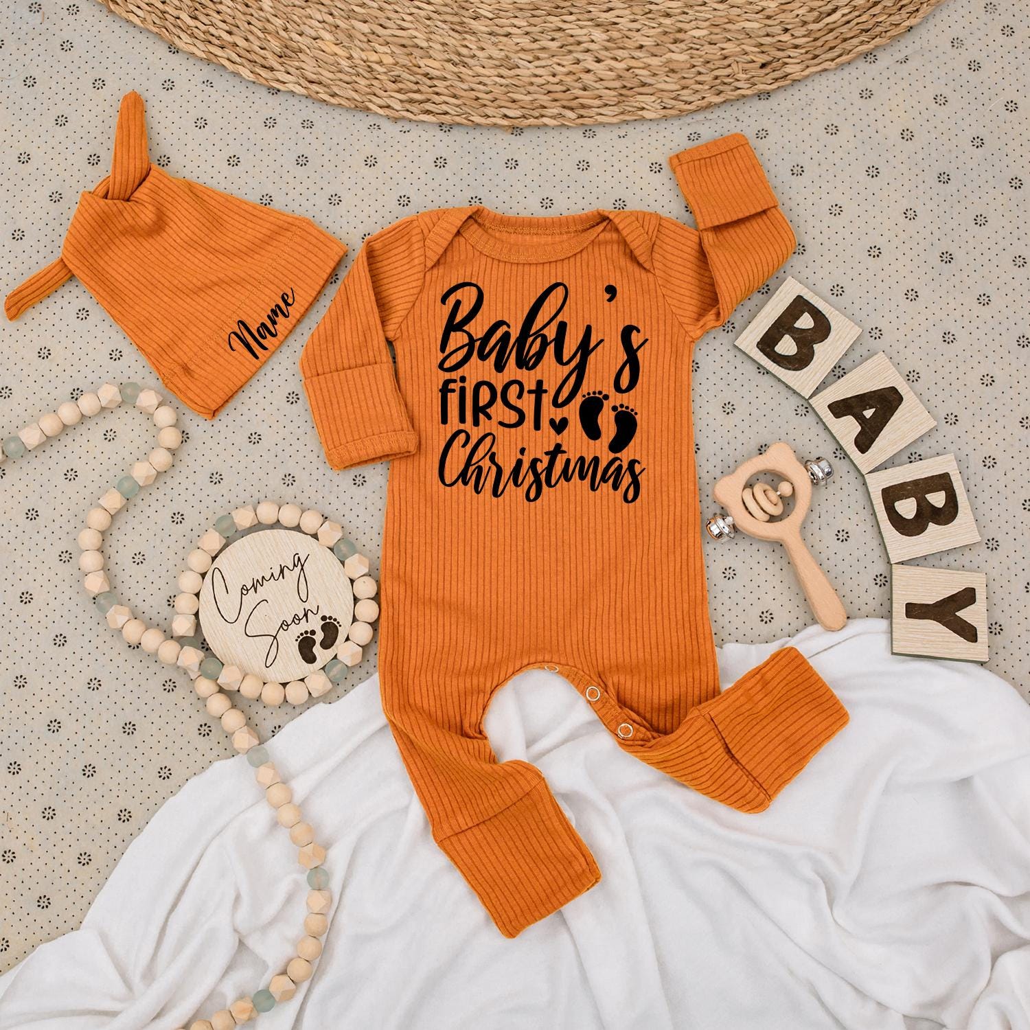 Baby's First Christmas Romper - Soft Newborn Going Home Outfit with Minimalist Footprints, Modern Holiday Bodysuit, Unisex Christmas Gift 138