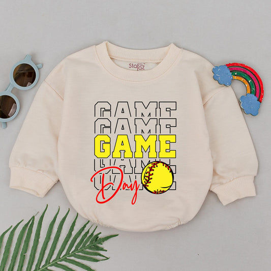 Softball Game Day Baby Romper – Retro Bow Outfit & Gifting Set