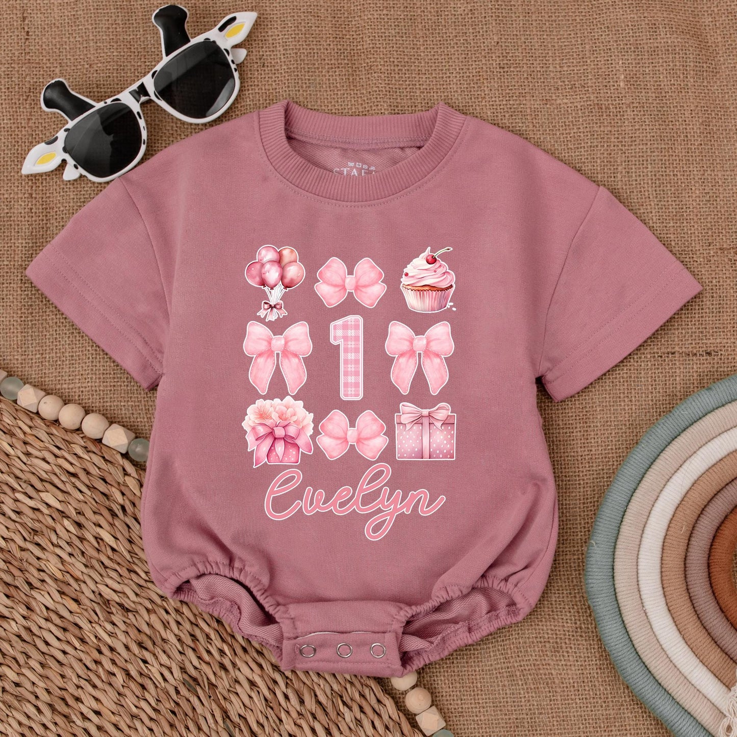 Pink Bow Personalized 1st Birthday Romper for Baby Girls