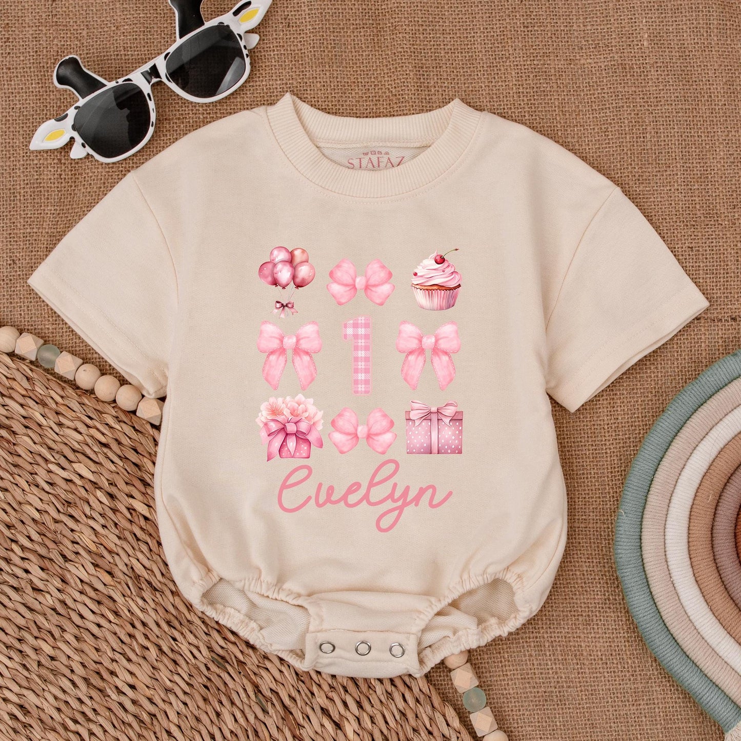 Pink Bow Personalized 1st Birthday Romper for Baby Girls