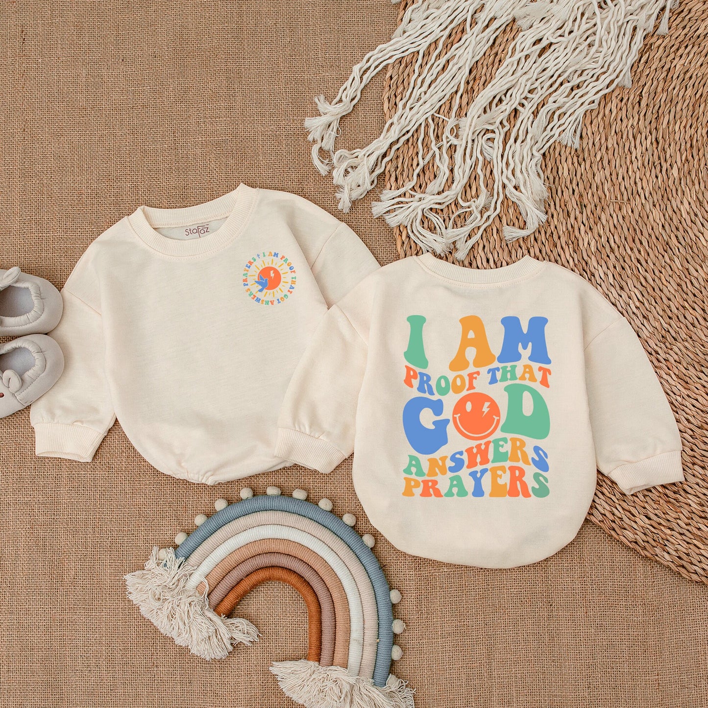 I Am Proof God Answers Prayers Baby Bodysuit Christian Gender Reveal Gift Playful Colorful Newborn Romper with Smiley Face Dove Sunshine Design