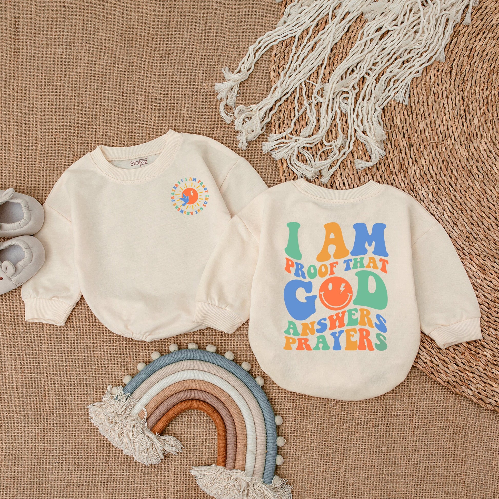 I Am Proof God Answers Prayers Baby Bodysuit Christian Gender Reveal Gift Playful Colorful Newborn Romper with Smiley Face Dove Sunshine Design