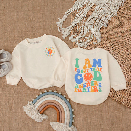 I Am Proof God Answers Prayers Baby Bodysuit Christian Gender Reveal Gift Playful Colorful Newborn Romper with Smiley Face Dove Sunshine Design