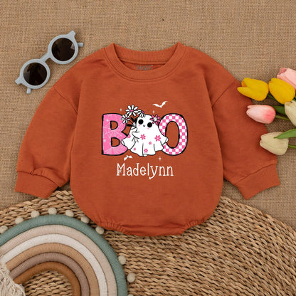 Cute Pink Boo Baby Romper Halloween Bodysuit for Madelynn, Ghost & Spiderweb Design, First Halloween Outfit, Fall Baby Clothes, Baby Shower Gift