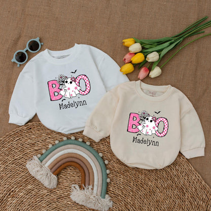 Cute Pink Boo Baby Romper Halloween Bodysuit for Madelynn, Ghost & Spiderweb Design, First Halloween Outfit, Fall Baby Clothes, Baby Shower Gift