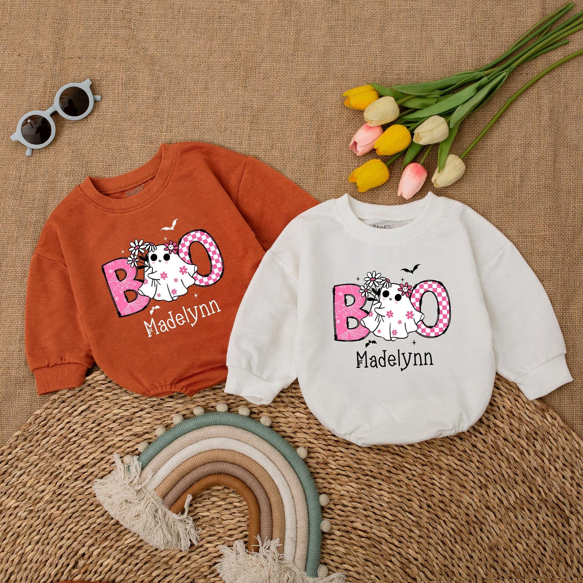 Cute Pink Boo Baby Romper Halloween Bodysuit for Madelynn, Ghost & Spiderweb Design, First Halloween Outfit, Fall Baby Clothes, Baby Shower Gift