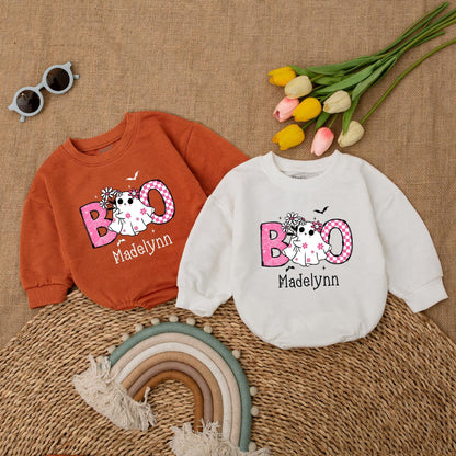 Cute Pink Boo Baby Romper Halloween Bodysuit for Madelynn, Ghost & Spiderweb Design, First Halloween Outfit, Fall Baby Clothes, Baby Shower Gift