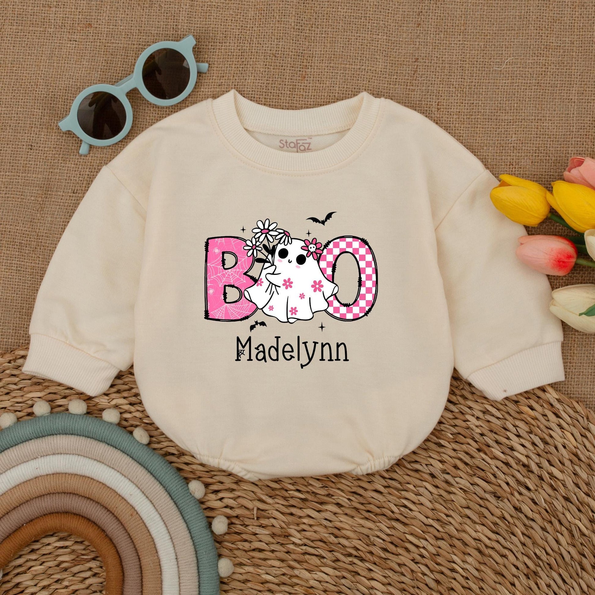 Cute Pink Boo Baby Romper Halloween Bodysuit for Madelynn, Ghost & Spiderweb Design, First Halloween Outfit, Fall Baby Clothes, Baby Shower Gift