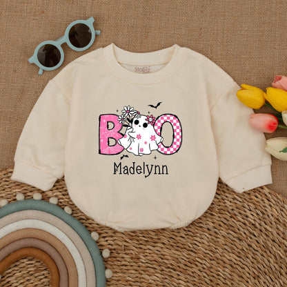 Cute Pink Boo Baby Romper Halloween Bodysuit for Madelynn, Ghost & Spiderweb Design, First Halloween Outfit, Fall Baby Clothes, Baby Shower Gift