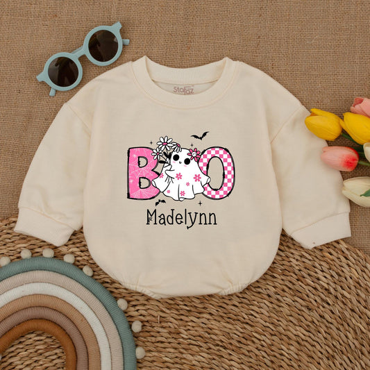 Cute Pink Boo Baby Romper Halloween Bodysuit for Madelynn, Ghost & Spiderweb Design, First Halloween Outfit, Fall Baby Clothes, Baby Shower Gift