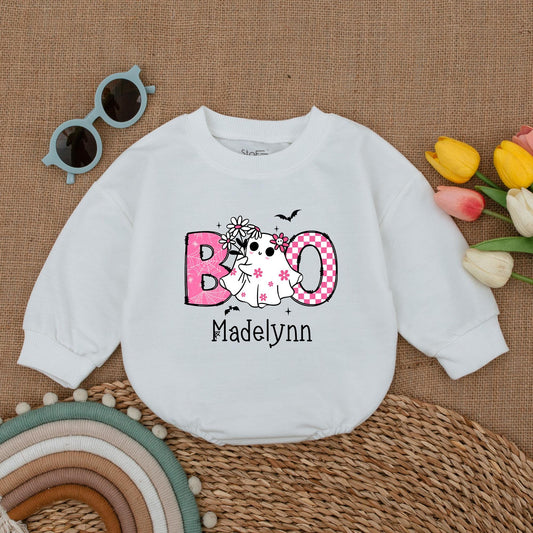 Cute Pink Boo Baby Romper Halloween Bodysuit for Madelynn, Ghost & Spiderweb Design, First Halloween Outfit, Fall Baby Clothes, Baby Shower Gift