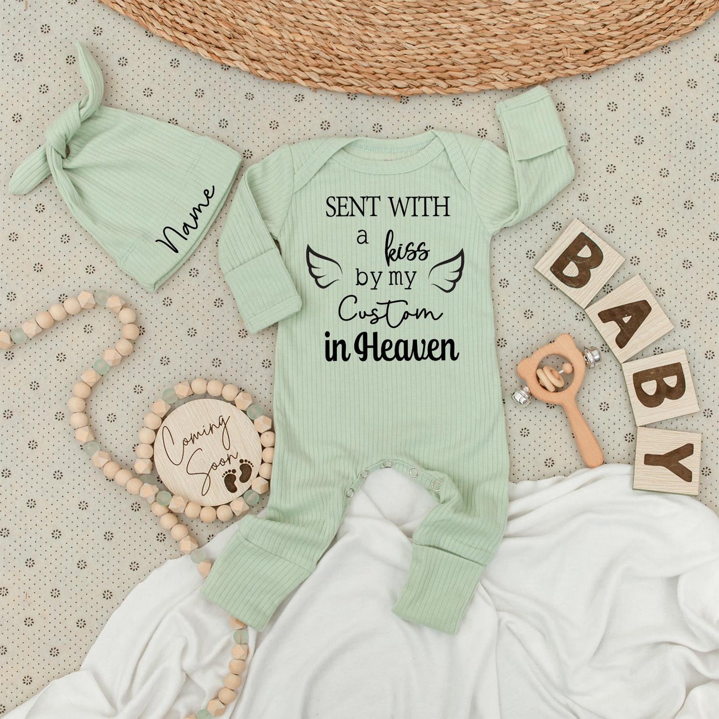 Personalized Sent With a Kiss From Heaven Baby Bodysuit & Hat Set by Custom Name, Memorial Infant Coming Home Romper Jumpsuit Gift for Grandpa Grandma