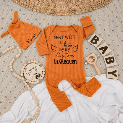 Personalized Sent With a Kiss From Heaven Baby Bodysuit & Hat Set by Custom Name, Memorial Infant Coming Home Romper Jumpsuit Gift for Grandpa Grandma