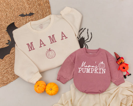 Custom Retro Mama & Mama's Pumpkin Sweatshirts, Mommy & Me Fall Halloween Apparel, White Lettering Festive Family Matching Costume Gift