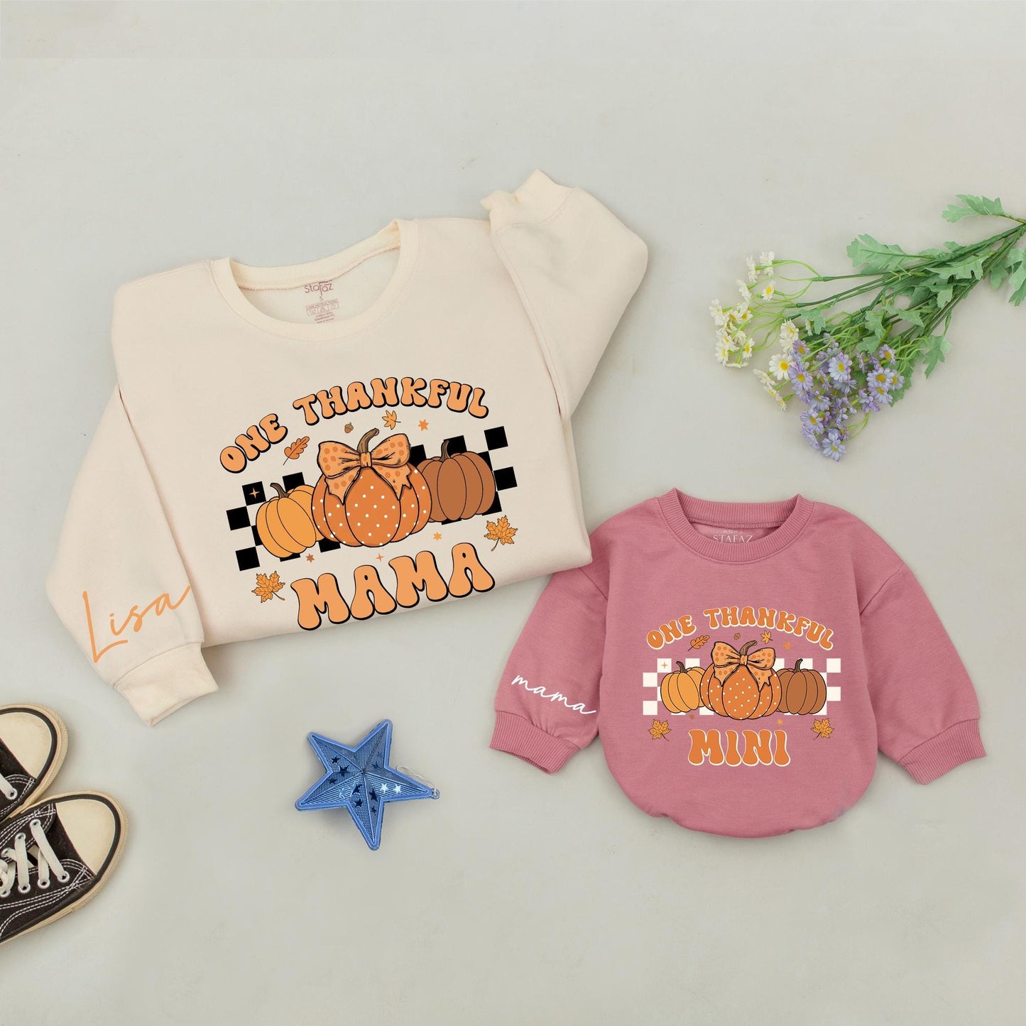 Retro Mama & Mini Pumpkin Thanksgiving Matching Shirt Gift Set