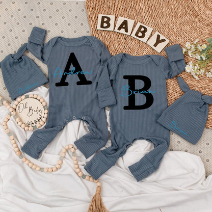 Personalized Baby Name Twin Set Bodysuit & Hat Initial Outfit Funny Best Friends Newborn Gift Romper Kid Infant Clothes Shower Pregnancy (139 chars)