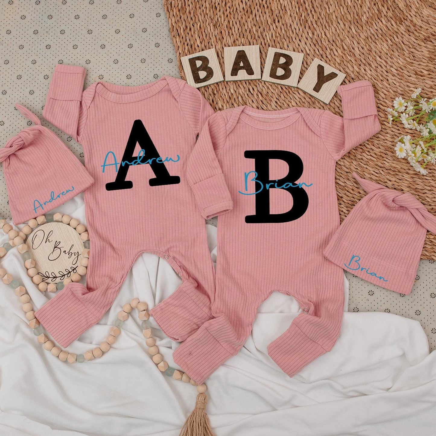 Personalized Baby Name Twin Set Bodysuit & Hat Initial Outfit Funny Best Friends Newborn Gift Romper Kid Infant Clothes Shower Pregnancy (139 chars)