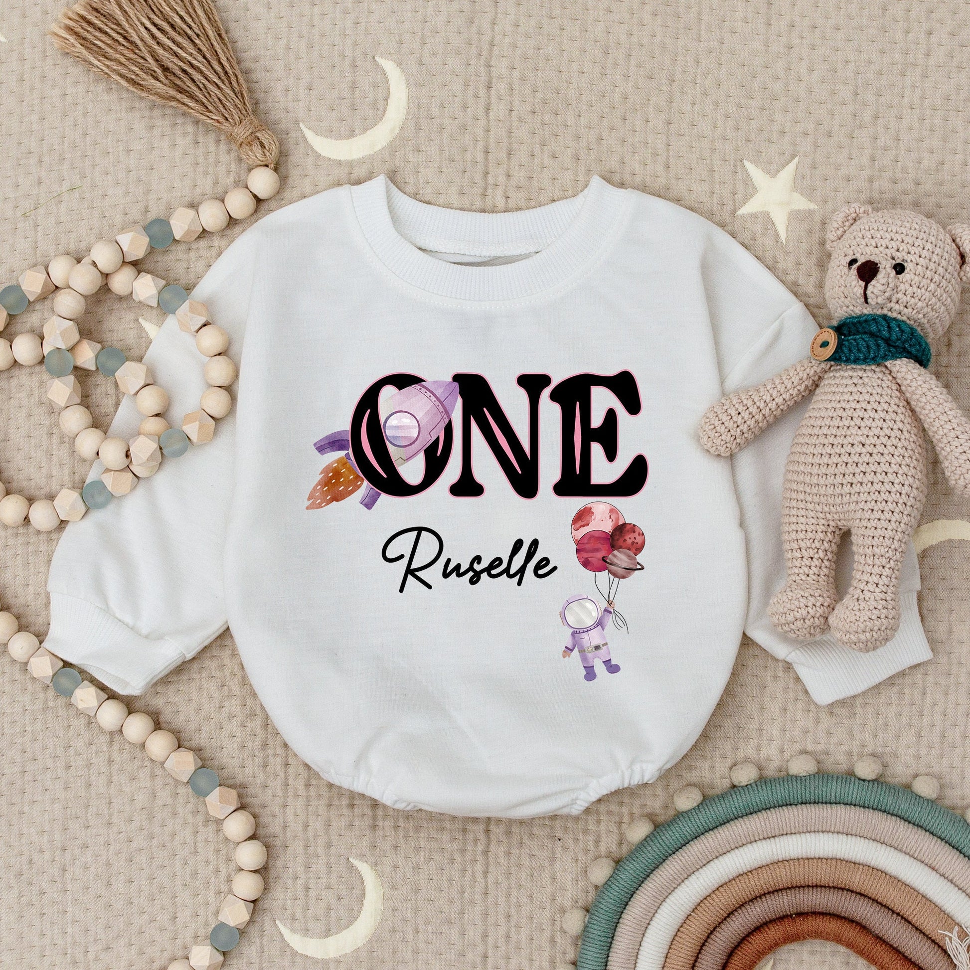 1st Birthday Space Bubble Romper – Astronaut Outfit for Baby Girls