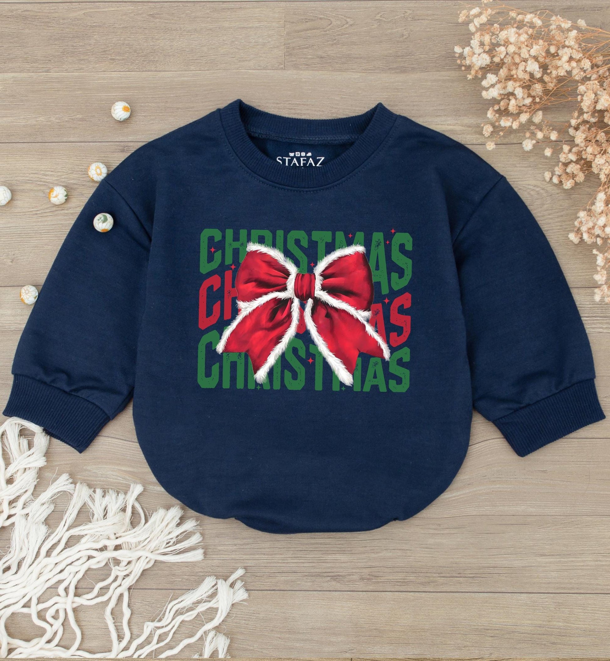 Holiday Bow Baby Romper, Gender Neutral, 1st Christmas Outfit Gift