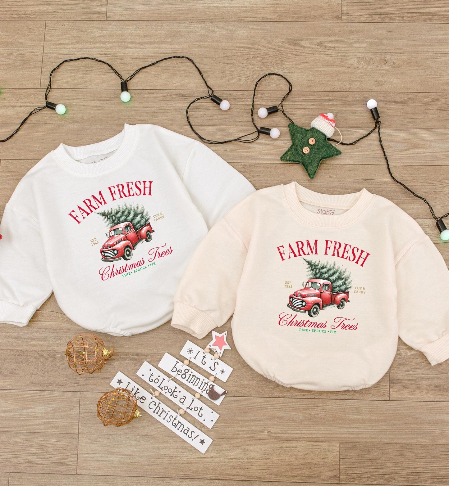 Farm Fresh Christmas Trees Romper: Baby Holiday Outfit, Unisex