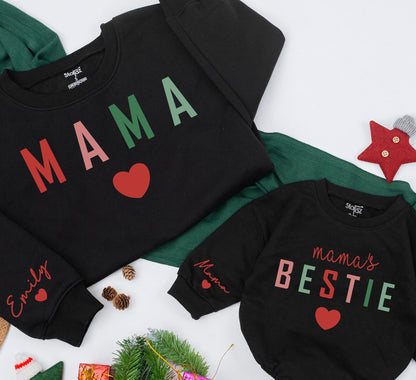 Matching Mama & Bestie Christmas Sweatshirt Set, Pink & Green Block Letter Heart Design, Personalized Emily & Mama Holiday Outfits, Baby Romper Gift
