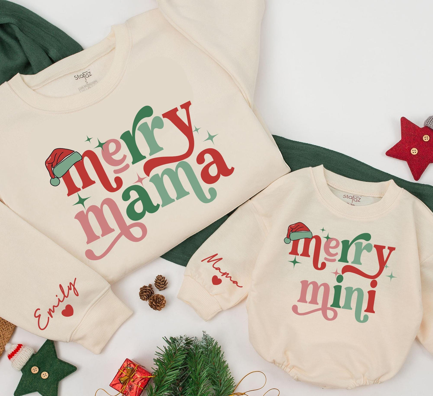 Personalized Merry Mama & Mini Sweatshirt Set Retro Christmas Matching Outfits Daughter Mom Baby Girl Holiday Sweatshirts Custom Name Sleeve Heart