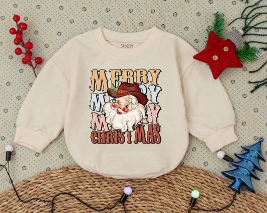 Vintage Cowboy Christmas Romper, Baby Girl's First Holiday Outfit