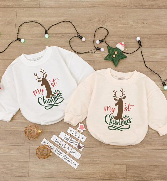 Baby's 1st Christmas Outfit: Reindeer Romper & Bodysuit Set