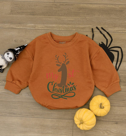 Baby's 1st Christmas Outfit: Reindeer Romper & Bodysuit Set