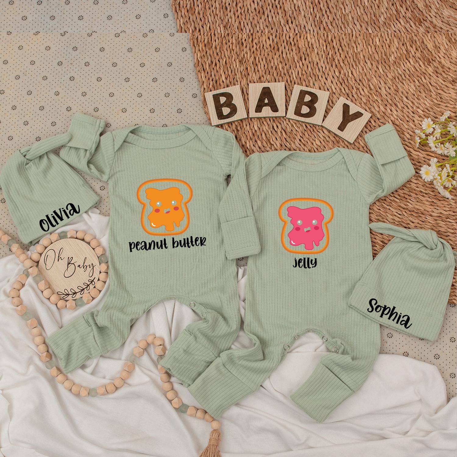 Twin Baby Bodysuit Set: Peanut Butter & Jelly Design for Twins! Cute Baby Clothes Gift Newborn Boy Girl