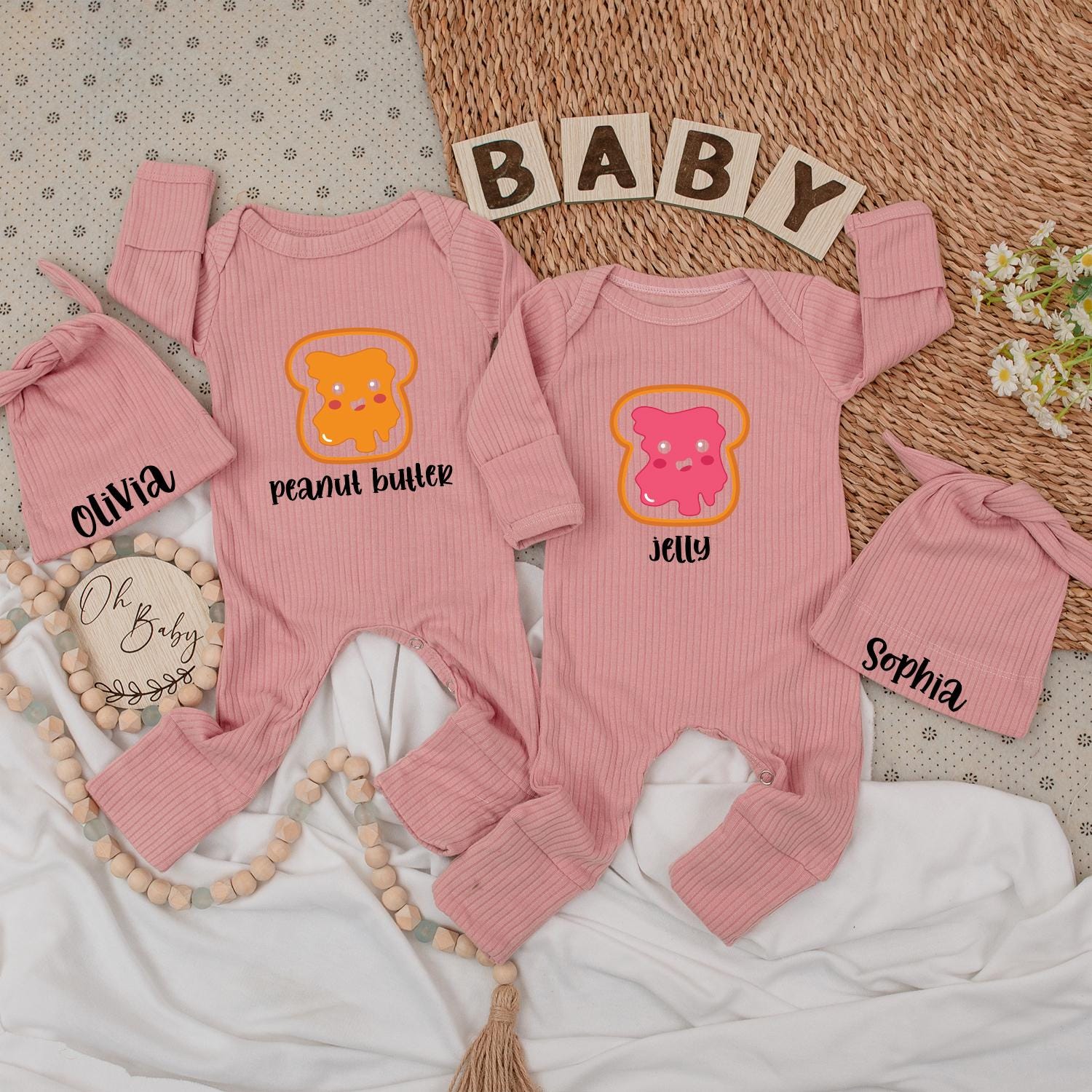 Twin Baby Bodysuit Set: Peanut Butter & Jelly Design for Twins! Cute Baby Clothes Gift Newborn Boy Girl