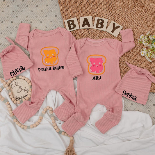 Twin Baby Bodysuit Set: Peanut Butter & Jelly Design for Twins! Cute Baby Clothes Gift Newborn Boy Girl